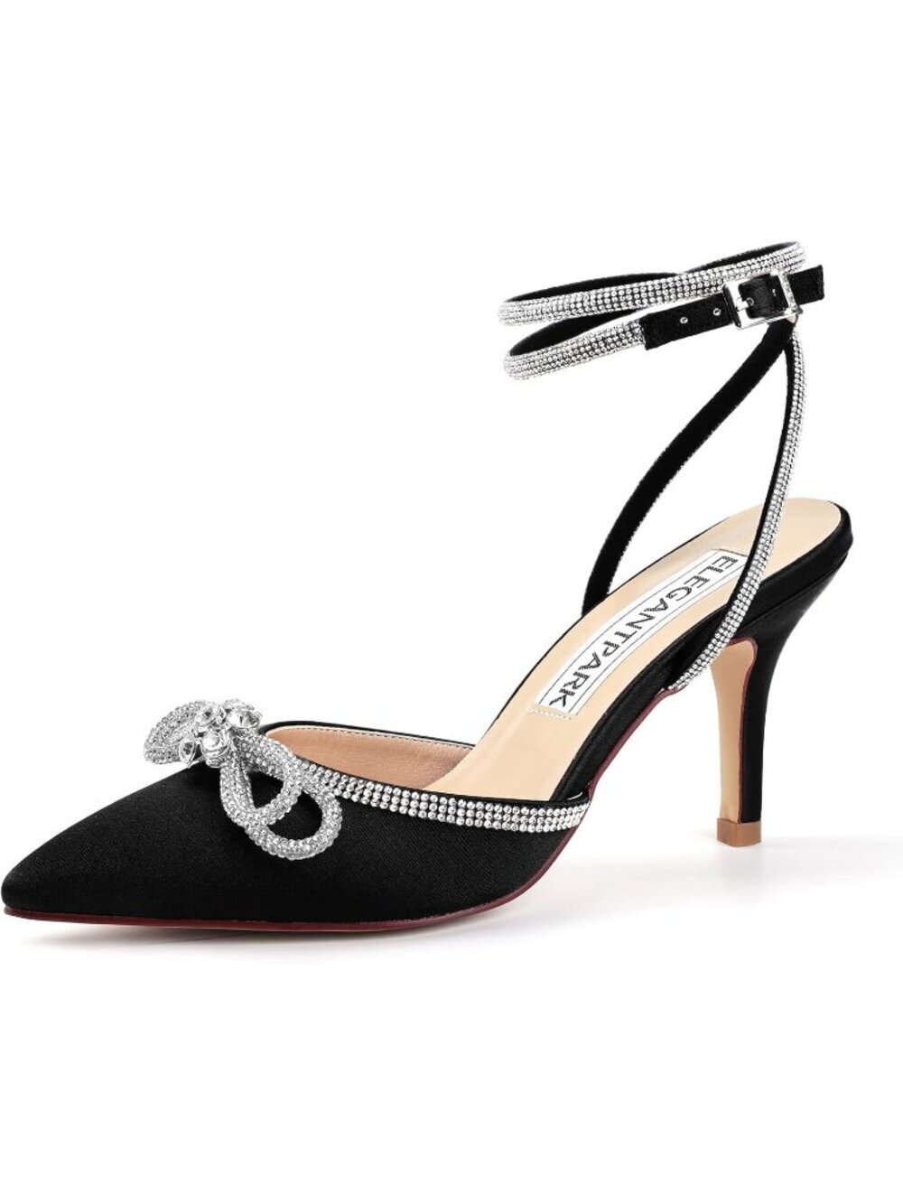 Women's Pointed Toe Ankle Strap Dress Shoes Black High Heels Pumps Rhinestones